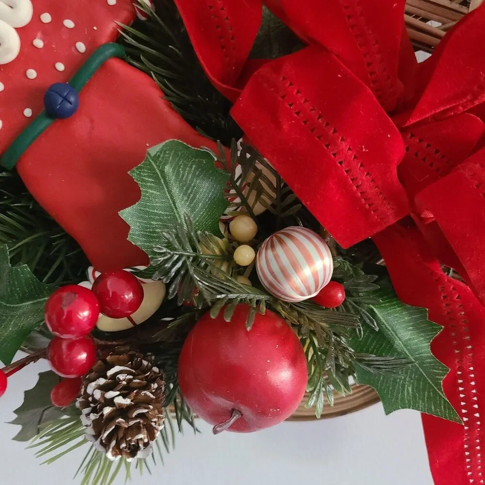 Vintage Wicker Christmas Wreath Wall Hanging With Clay Santa + Greenery + Ribbon